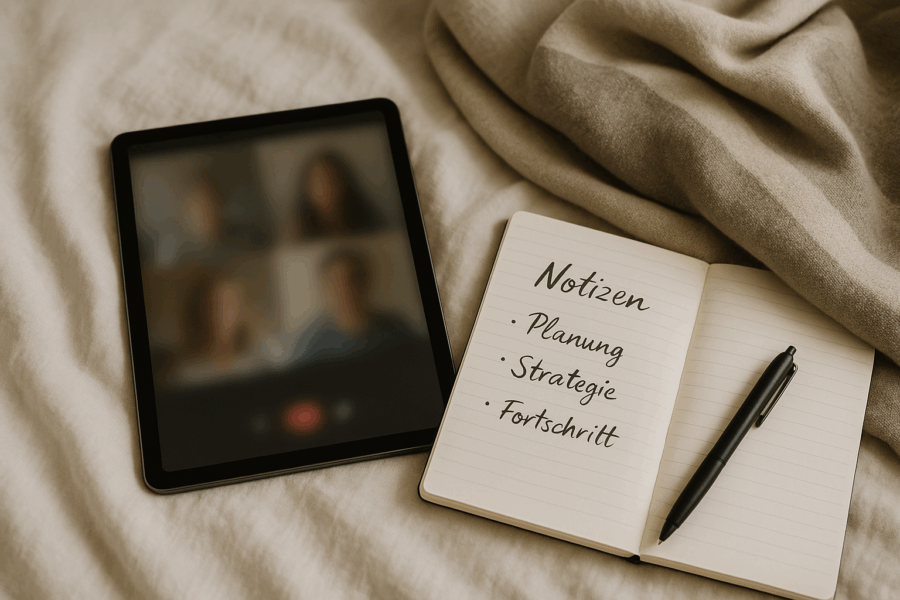 Tablet mit Coaching-Call und Notizen in ruhigem Setting