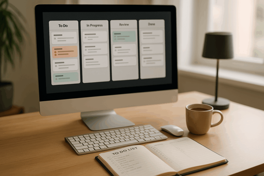 Bildschirm mit Projektmanagement-Tool und Planungsunterlagen