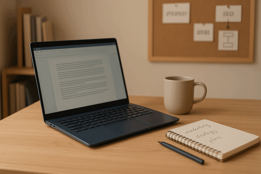 Arbeitsplatz für Texterstellung im Homeoffice mit Laptop und Notizbuch
